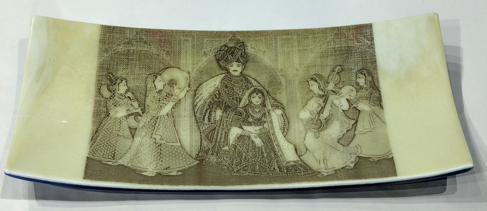 Fused glass rectangular tray using laser water slide decals