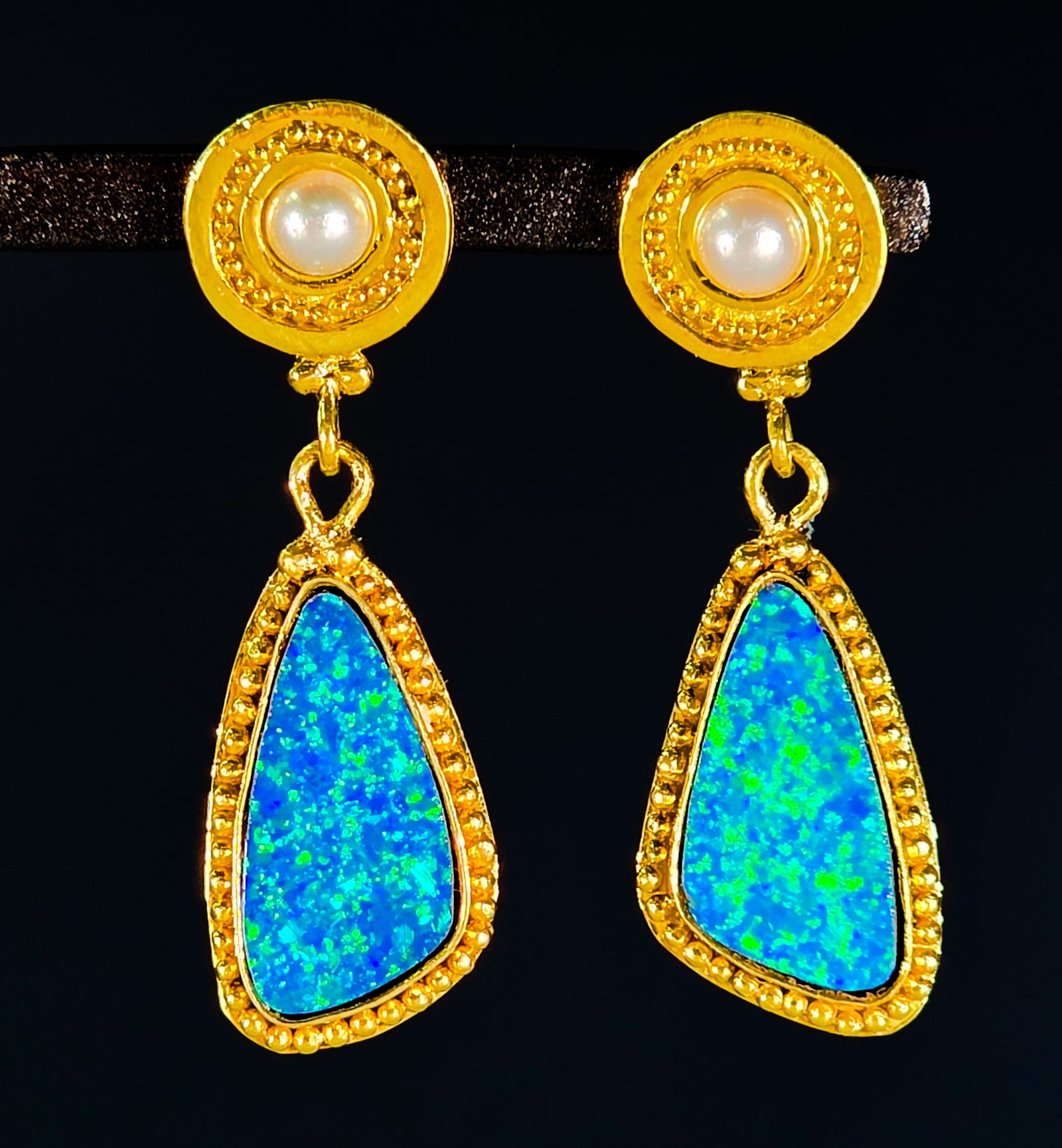 Pearl, OP{al and 18 K gold Earrings with Granulation 