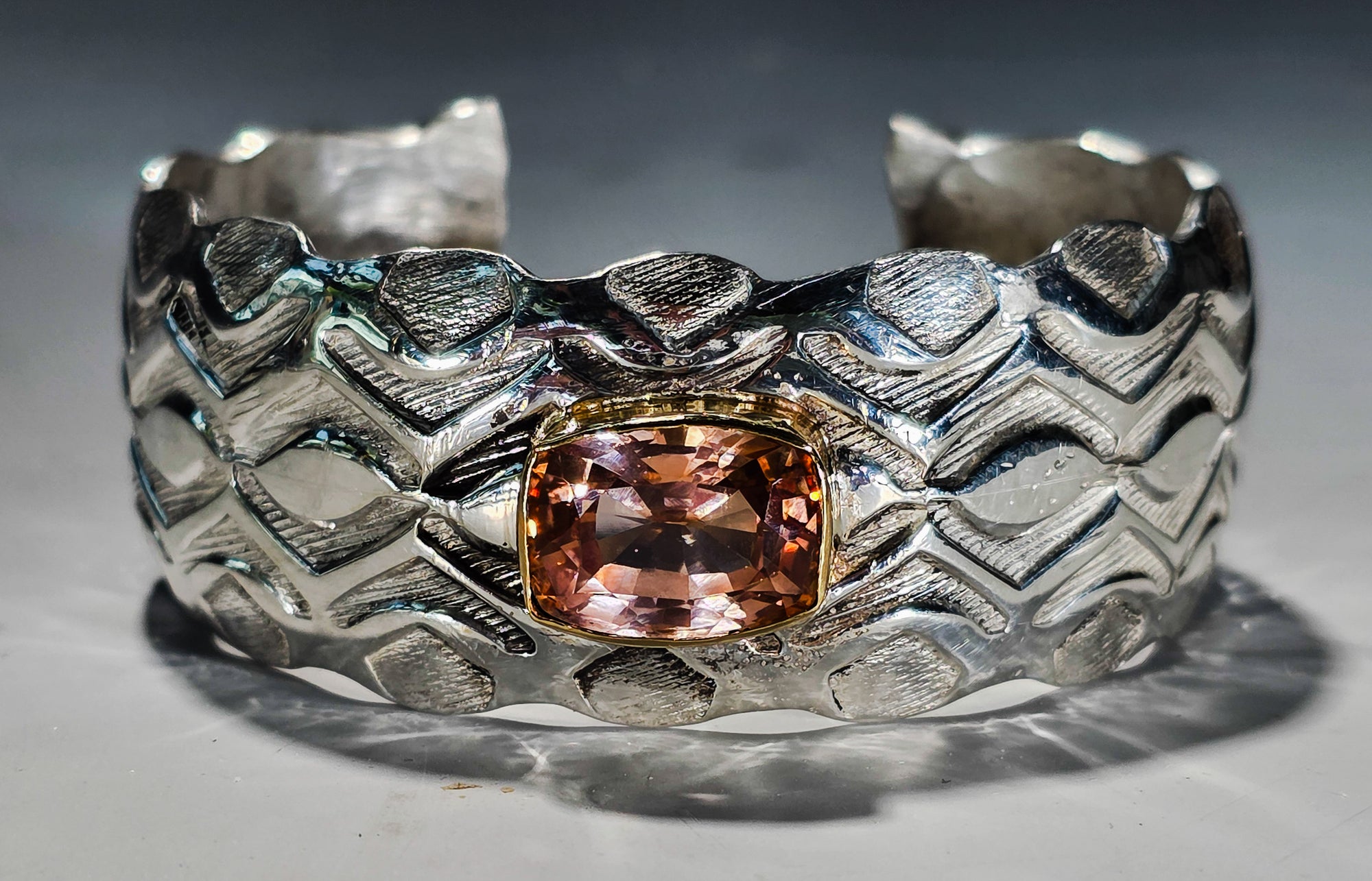 Padparadscha Sapphire and Fine Silver Bracelet — 18K Gold Bezel